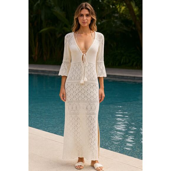 Jen's Pirate Booty Crochet Knit Bell Sleeve Whimsy Classic Maxi Dress M/L - Picture 1 of 6